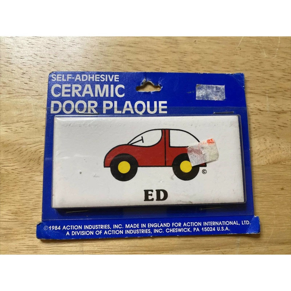 Vintage Retro ED Red Car New Dead Stock Ceramic Door Name Plaque Wall Sign 1984